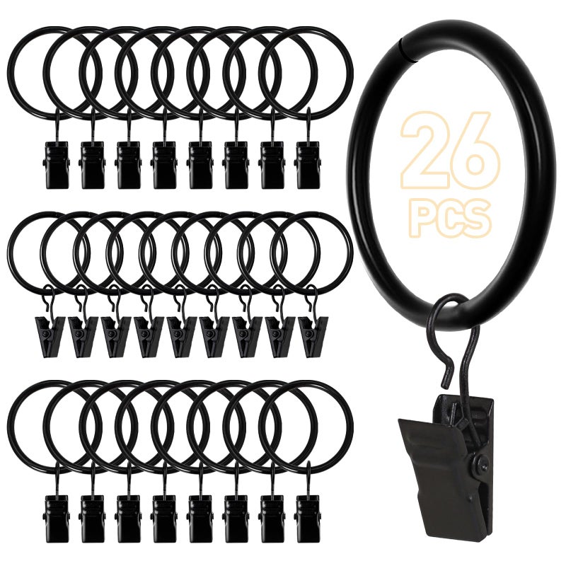 Ninsula 26 PCS Curtain Rings with Clips  Curtain Hooks for Drapes  Curtain Clips with Rings 1.26  Interior Diameter  Black Curtain Rings Fit up to 1 inch Curtain Rod - Image 1